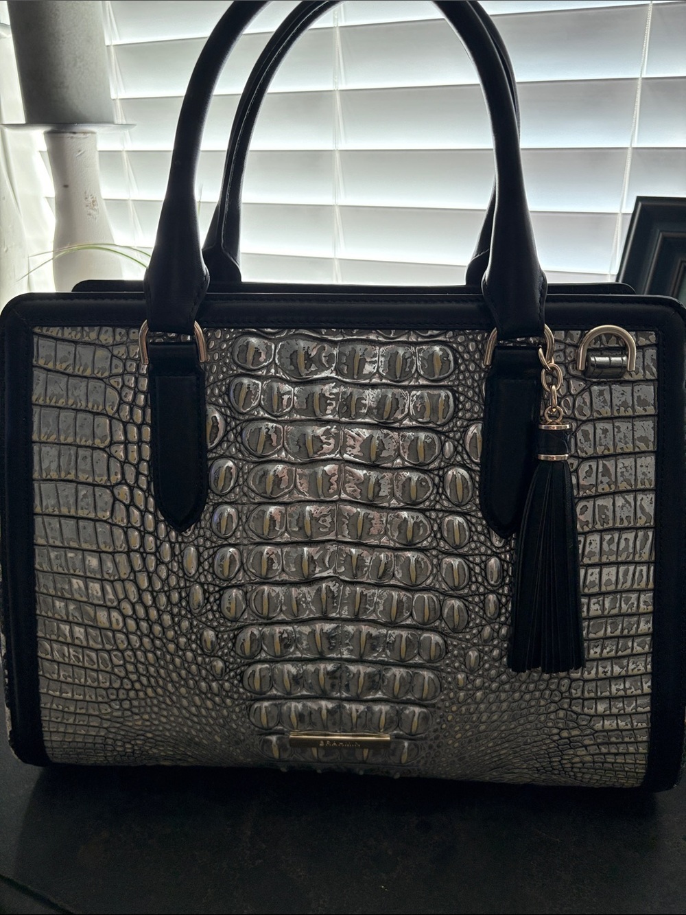 Brahmin Silver Croc-Embossed Satchel with Black Trim and Tassel Charm